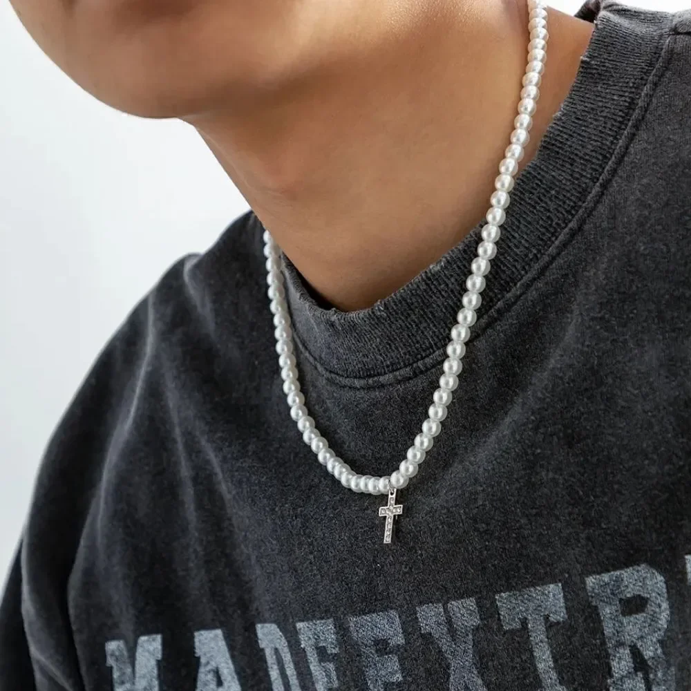 Men's Bling Cross Pearl Necklace